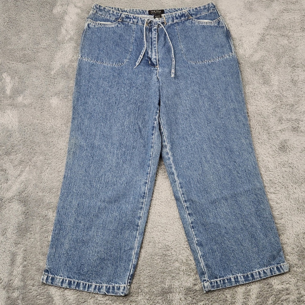 New York & Company Jeans Women‎ 14 Blue Wide Leg Cropped Drawstring 100% Cotton